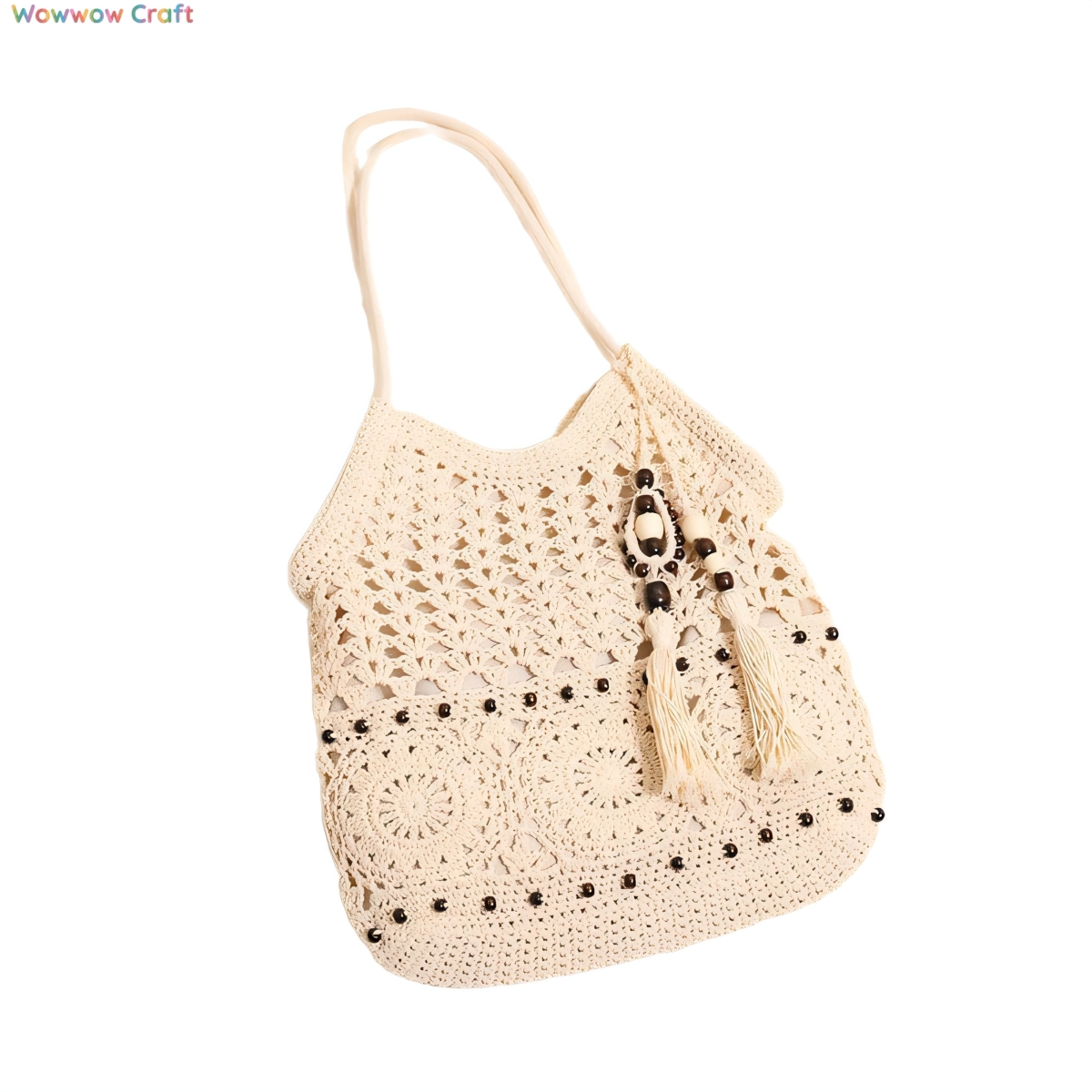 Shoulder Bags,Totes,Crochet Bags,Wooden Bead Tassel Crocheted Shoulder Bag - Handmade Crocheted Bag